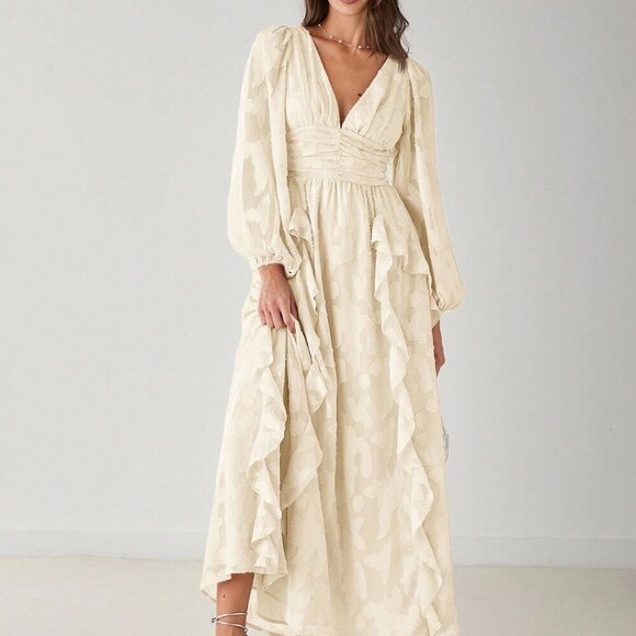 Apricot Elegant Women's Romantic V-Neck Ruffle Long Sleeve Maxi Dress - Picture 4 of 8